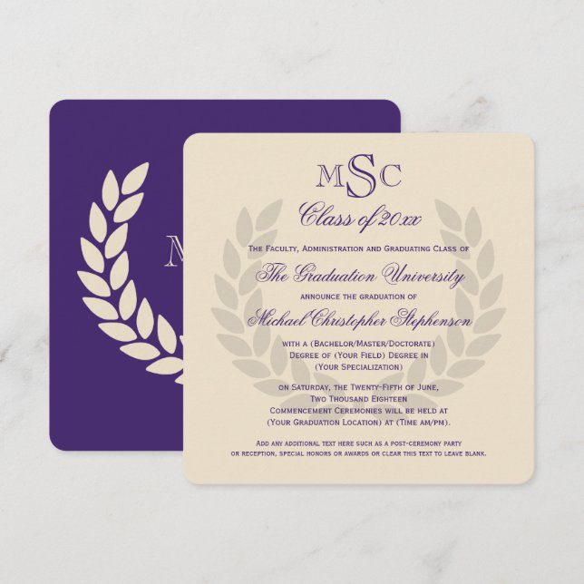 Invitation Monogramme Carré Classic Purple College Graduation (Devant / Derrière)