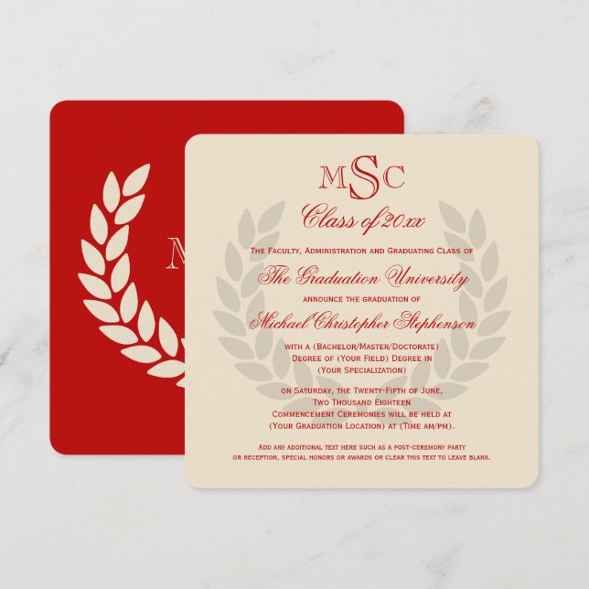 Invitation Monogramme Carré Classic Red College Graduation (Devant / Derrière)