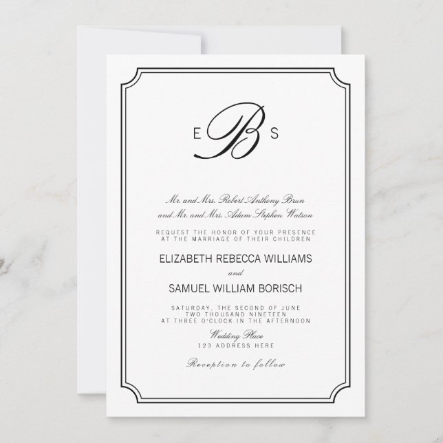 Invitation Monogramme classique Elégant Blanc Noir Mariage In (Devant)