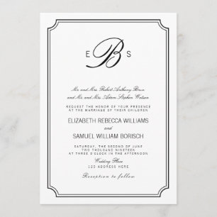 Invitation Monogramme classique Elégant Blanc Noir Mariage In