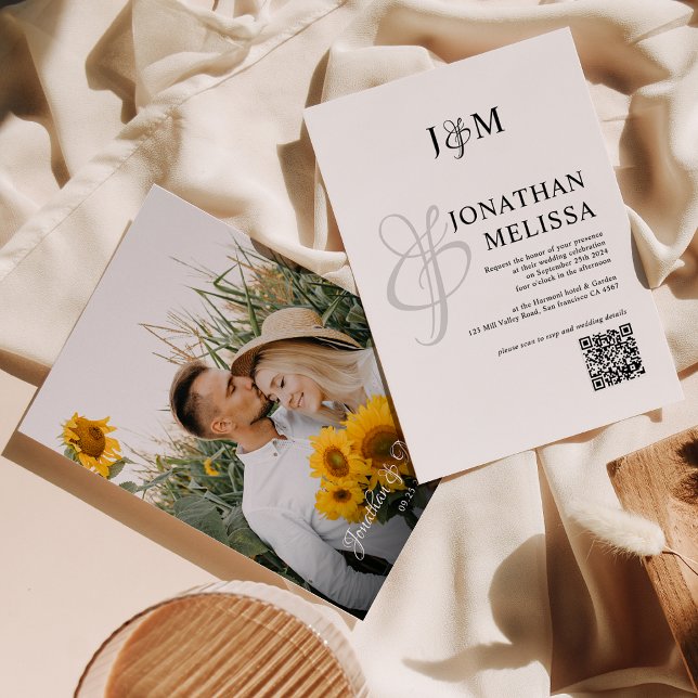 Invitation Monogramme classique Mariage de script photo QR Co (Créateur téléchargé)