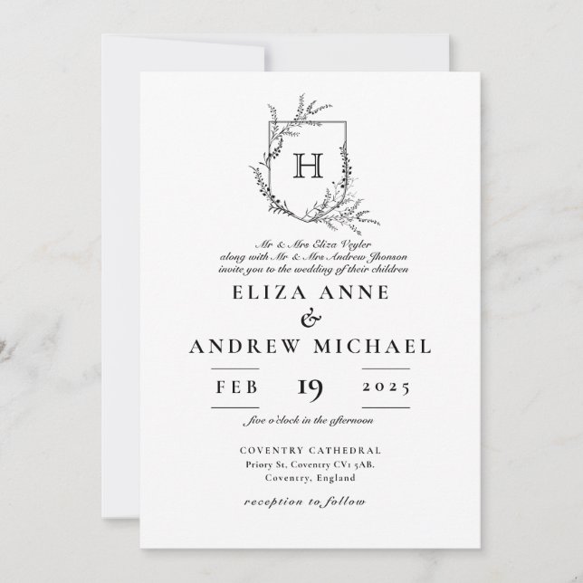 Invitation Monogramme classique Mariage noir et blanc (Devant)
