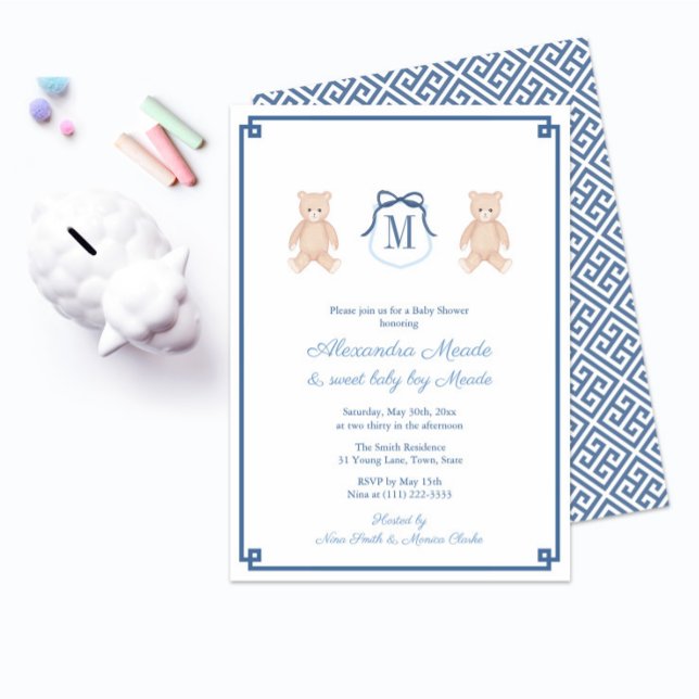 Invitation Monogramme classique Teddy ours bébé garçon douche (Preppy blue and white monogram classic teddy bear baby shower invitation)