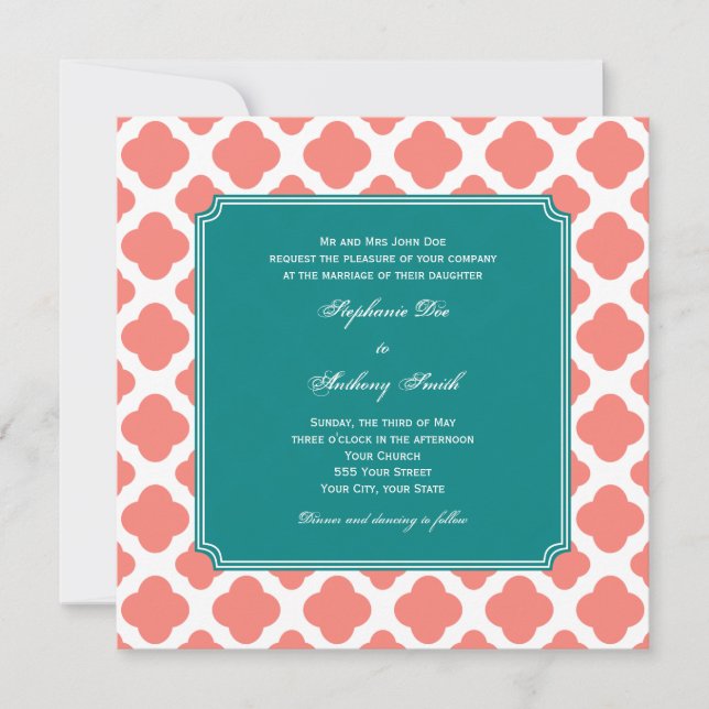 Invitation Monogramme Coral rose Quatrefoil Motif avec Turquo (Devant)