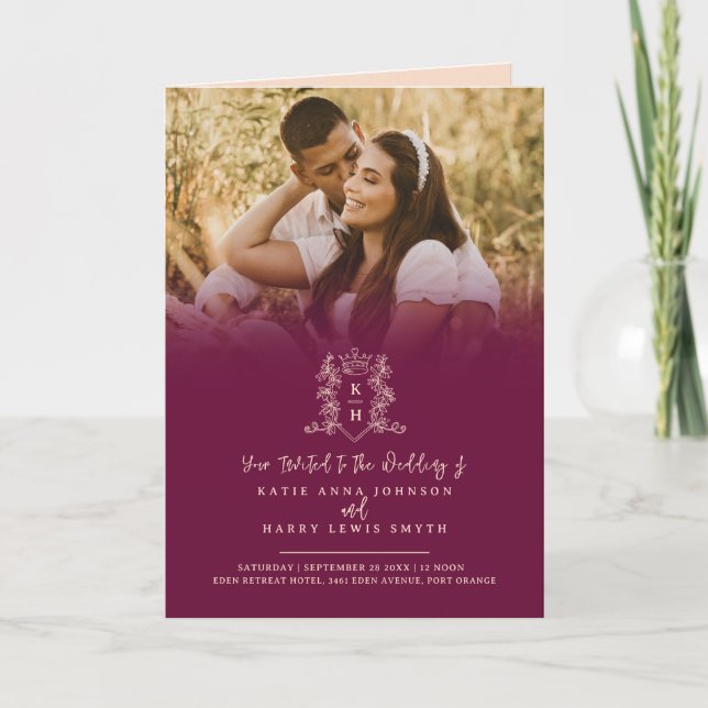 Invitation Monogramme couronne d'or noir option repas mariage (Devant)