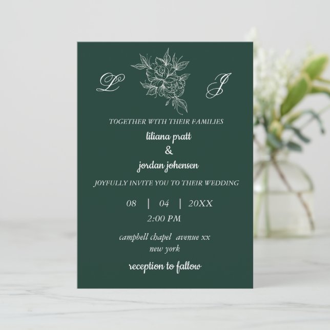 Invitation monogramme couronne élégante vert émeraude MARIAGE (Debout devant)