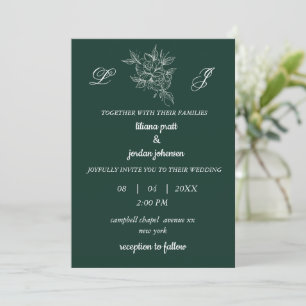 Invitation monogramme couronne élégante vert émeraude MARIAGE