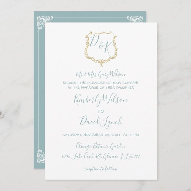 Invitation Monogramme Crest Gold Dusty bleu Mariage (Devant / Derrière)