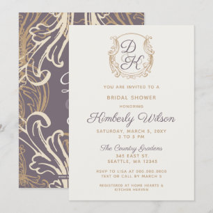 Invitation Monogramme Crest Gold Vintage Purple Fête des mari