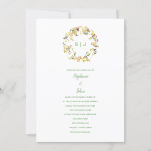 Invitation Monogramme Crest Jaune Vert Blanc Boho Mariage
