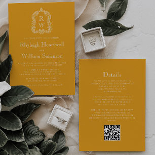 Invitation Monogramme Crest Marigold Jaune QR Code Mariage
