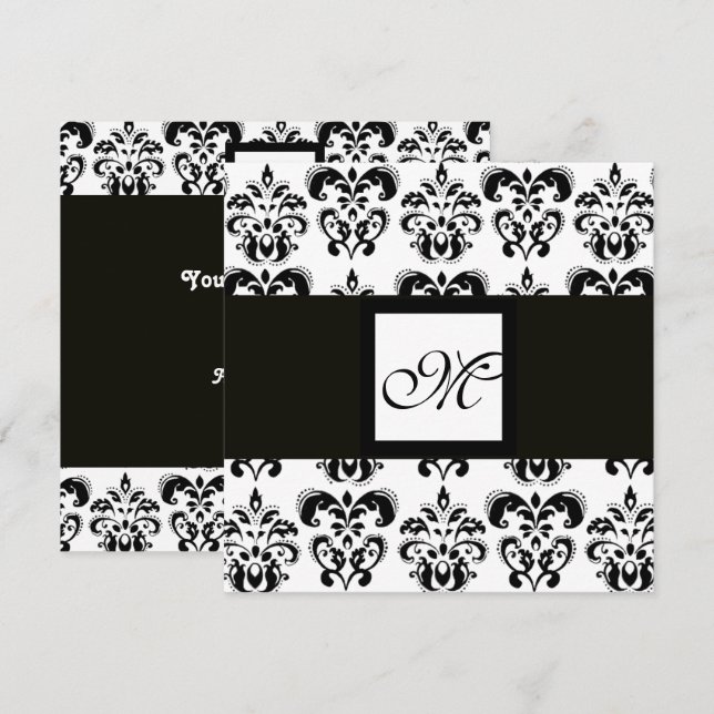 Invitation MONOGRAMME DAMAS, noir et blanc, métallisé argent (Devant / Derrière)