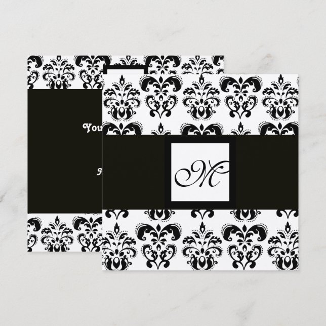 Invitation MONOGRAMME DAMAS, noir et blanc, métallisé argent (Devant / Derrière)
