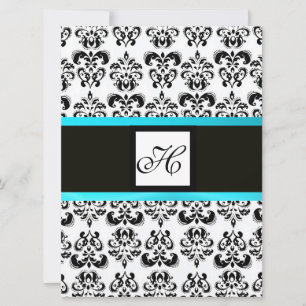 Invitation MONOGRAMME DAMAS, noir et blanc, turquoise bleu