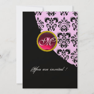 Invitation MONOGRAMME DAMASSÉ NOIR ET BLANC,rouge rubis,fuchs