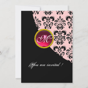 Invitation MONOGRAMME DAMASSÉ NOIR ET ROSE, rubis rouge
