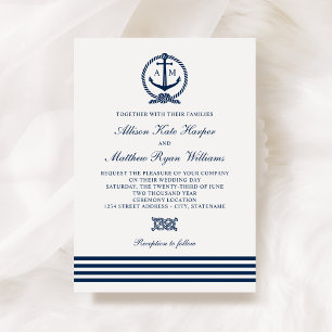 Invitation Monogramme d'ancre marine et rayures de mariage Na