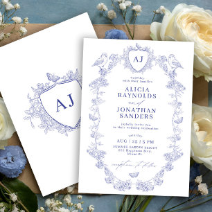 Invitation Monogramme de blason classique bleu toile de Jouy