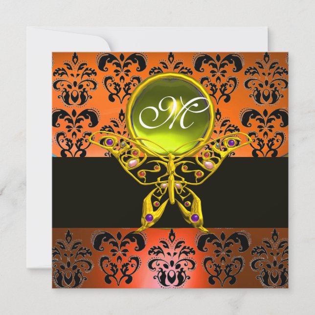 Invitation MONOGRAMME DE BOUTTERFLY, damas orange, bijou jaun (Devant)