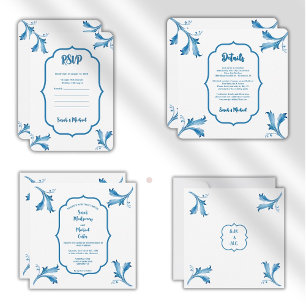 Invitation Monogramme de carreau floral bleu méditerranéen