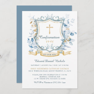 Invitation Monogramme de confirmation modifiable bleu et or