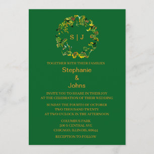 Invitation Monogramme de crête de feuille Orange Vert forêt M
