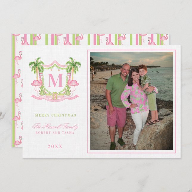 Invitation Monogramme de crête de Flamant rose de Noël de Pre (Devant / Derrière)