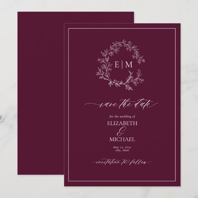 Invitation Monogramme de crête feuillue de Bourgogne Enregist (Devant / Derrière)