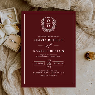 Invitation Monogramme de crête feutrée Bourgogne Élégant Mari