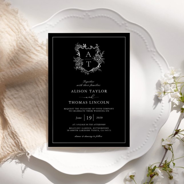 Invitation Monogramme de crête florale officielle Mariage noi (Créateur téléchargé)