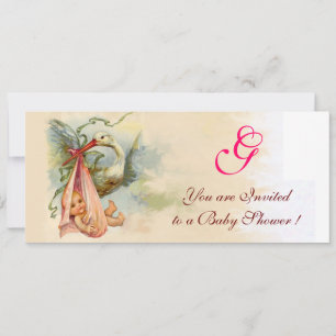 INVITATION MONOGRAMME DE DOUCHE POUR FILLES BÉBÉ EN STORK