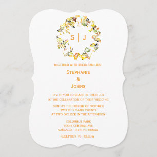 Invitation Monogramme de feuille de crête Orange Or Blanc Chi