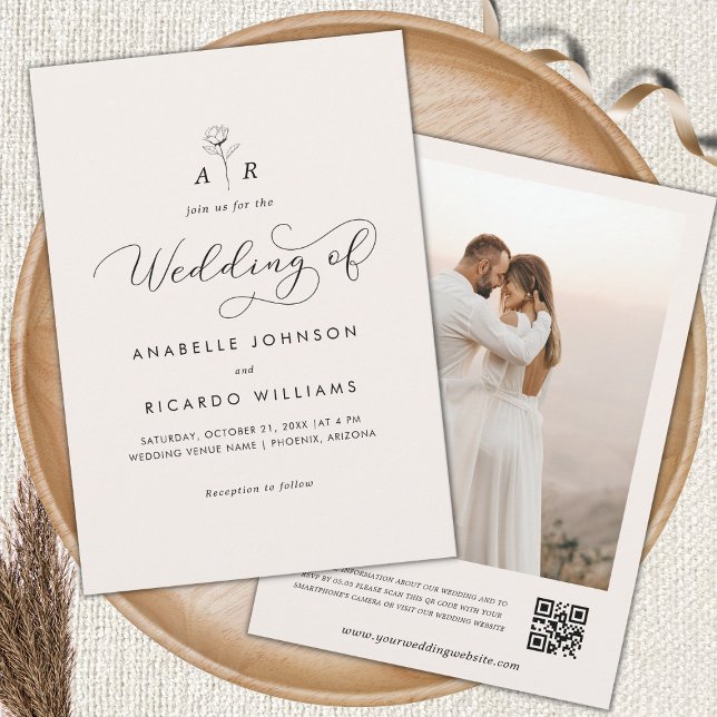 Invitation Monogramme de fleurs d'ivoire Photo QR Code Mariag (Créateur téléchargé)
