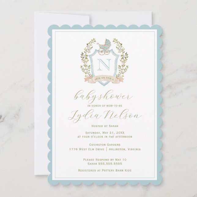 Invitation Monogramme de la crête de bébé | Baby shower bleu (Devant)