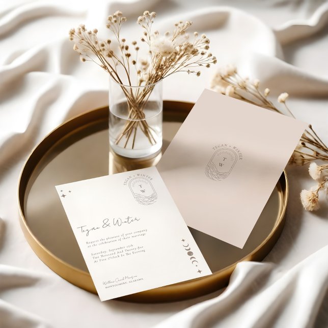 Invitation Monogramme de la lune et des étoiles célestes mini (Minimal Celestial Holistic Moon & Stars Monogram Invitation)