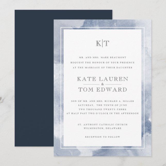 Invitation Monogramme de mariage à l'aquarelle bleu poussiére (Devant / Derrière)