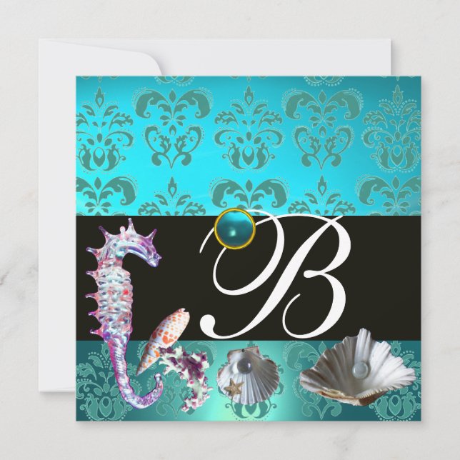 INVITATION MONOGRAMME DE MARIAGE DE LA PLAGE DE DAMASK AQUAMA (Devant)