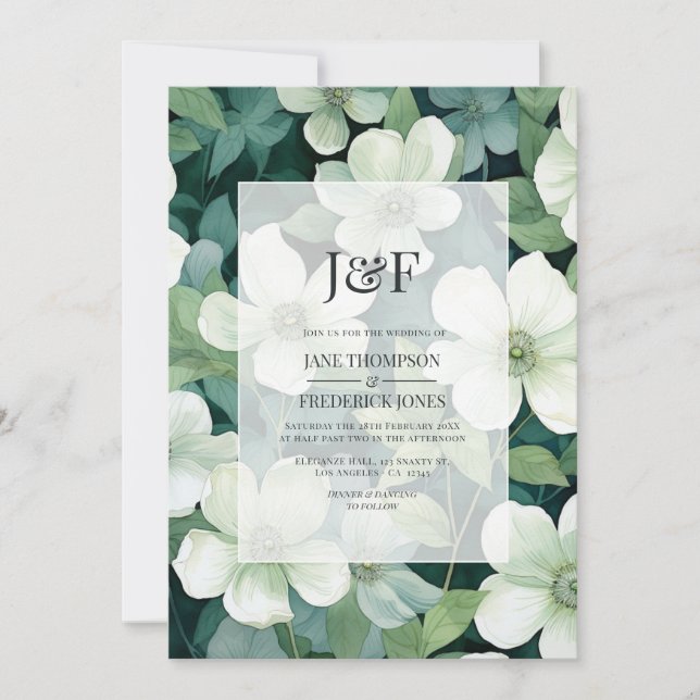 Invitation Monogramme de Mariage végétal vert et blanc Sage (Devant)