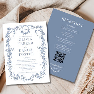 Invitation Monogramme de mariage victorien bleu floral tout-e