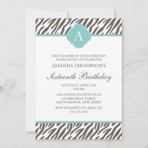 Invitation Monogramme de motif zèbre Brown et menthe