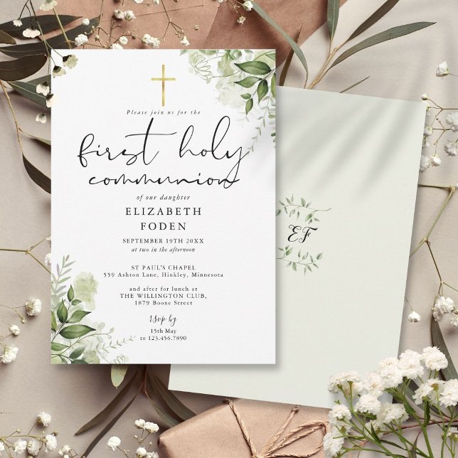 Invitation Monogramme de verdure rustique Première Sainte Com (Rustic Greenery Monogram First Holy Communion Invitation)