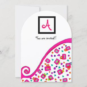 INVITATION MONOGRAMME DÉCO ABSTRAIT BLANC FUCHSIA ROSE