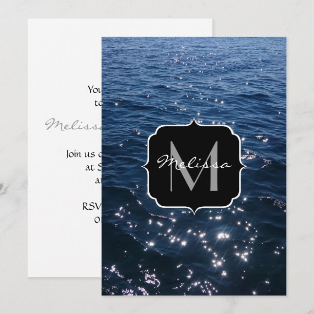 Invitation Monogramme des vagues de la mer bleue profonde (Devant / Derrière)