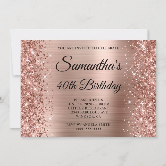 Invitation Monogramme d'huile d'or Rose Glittery 40e annivers (Devant)
