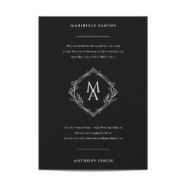 Invitation Monogramme diamant avec fleurs en Mariage noir