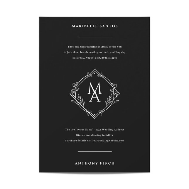 Invitation Monogramme diamant avec fleurs en Mariage noir (Créateur téléchargé)