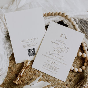 Invitation Monogramme d'or romantique avant arrière Code QR M