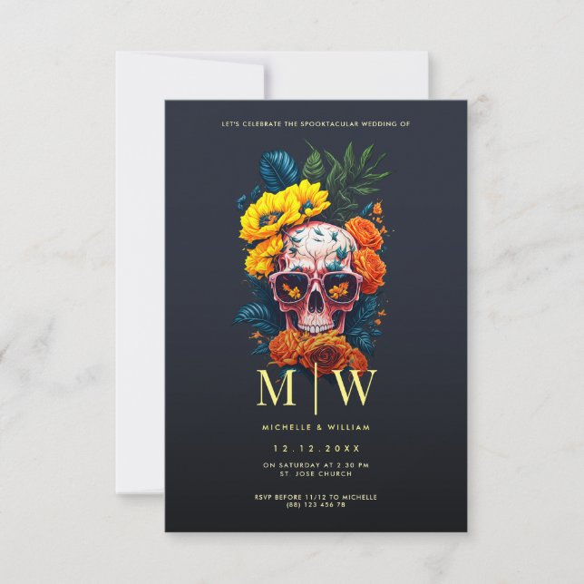 Invitation Monogramme du crâne floral Mariage d'Halloween (Devant)