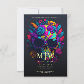 Invitation Monogramme du crâne floral Mariage d'Halloween