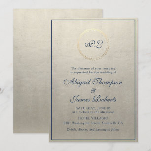 Invitation Monogramme Elegant Champagne et Mariage bleu marin
